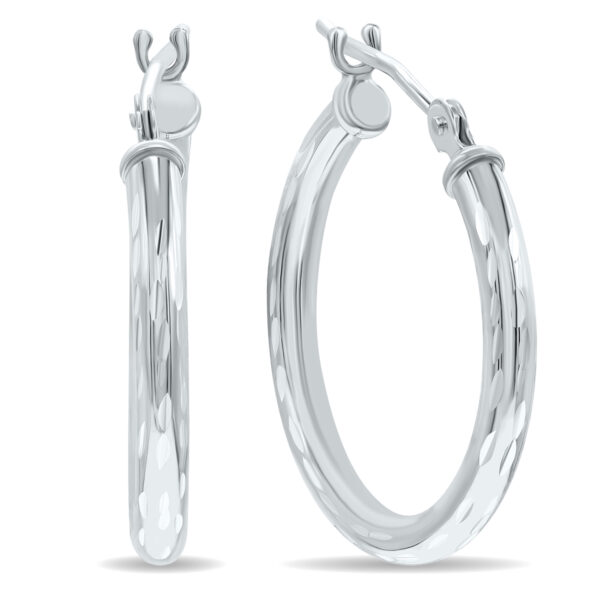 14K White Gold Shiny Diamond Cut Engraved Hoop Earrings (20mm)- ERH60939