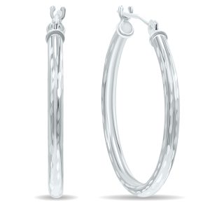 14K White Gold Shiny Diamond Cut Engraved Hoop Earrings (25mm)- ERH60941