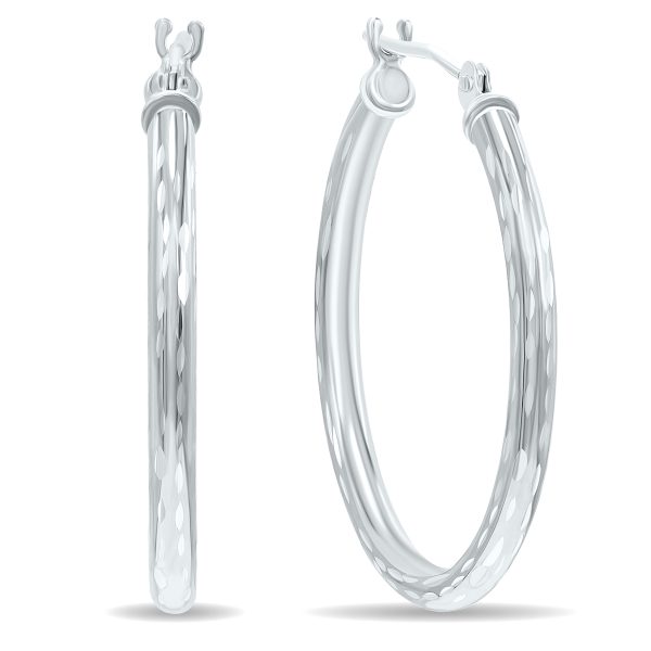 14K White Gold Shiny Diamond Cut Engraved Hoop Earrings (25mm)- ERH60941