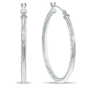 14K White Gold Shiny Diamond Cut Engraved Hoop Earrings (30mm)- ERH60943