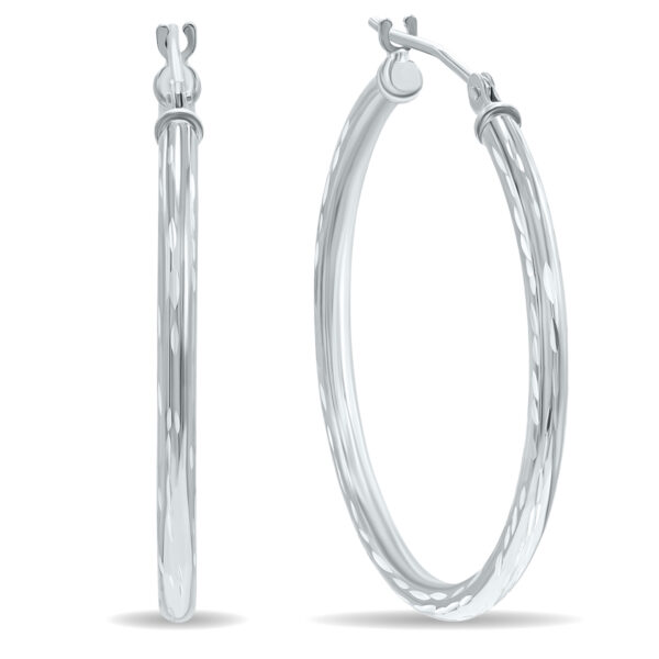 14K White Gold Shiny Diamond Cut Engraved Hoop Earrings (30mm)- ERH60943