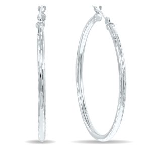 14K White Gold Shiny Diamond Cut Engraved Hoop Earrings (35mm)- ERH60945