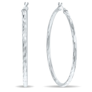 14K White Gold Shiny Diamond Cut Engraved Hoop Earrings (40mm)- ERH60947
