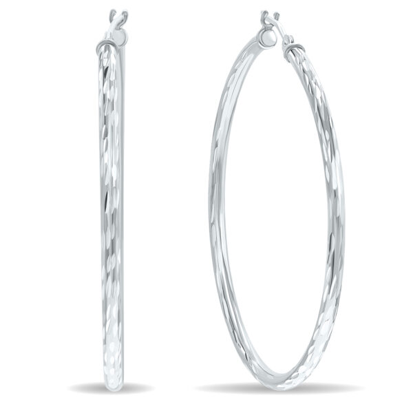 14K White Gold Shiny Diamond Cut Engraved Hoop Earrings (40mm)- ERH60947