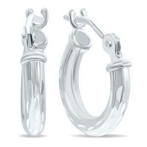 10K White Gold Shiny Diamond Cut Engraved Hoop Earrings (12mm)- ERH60951