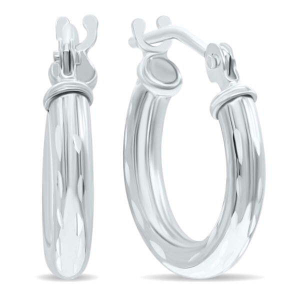 10K White Gold Shiny Diamond Cut Engraved Hoop Earrings (14mm)- ERH60953