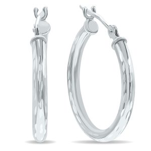 10K White Gold Shiny Diamond Cut Engraved Hoop Earrings (20mm)- ERH60959