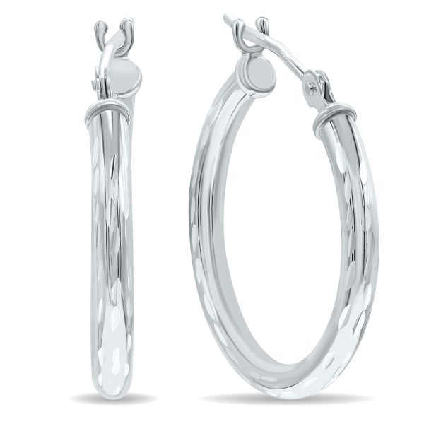 10K White Gold Shiny Diamond Cut Engraved Hoop Earrings (20mm)- ERH60959