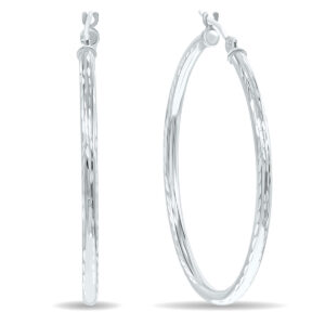 10K White Gold Shiny Diamond Cut Engraved Hoop Earrings (35mm)- ERH60965