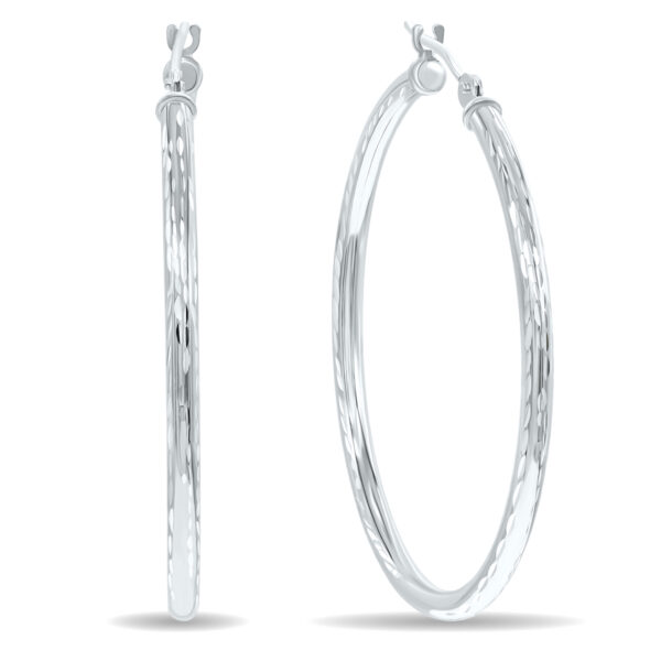 10K White Gold Shiny Diamond Cut Engraved Hoop Earrings (35mm)- ERH60965