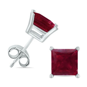 14K White Gold 4MM Square Ruby Gemstone Earrings- GER59030RB