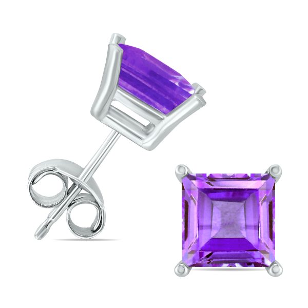 14K White Gold 5MM Square Amethyst Earrings- GER59032AM