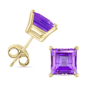 14K Yellow Gold 5MM Square Amethyst Earrings- GER59033AM
