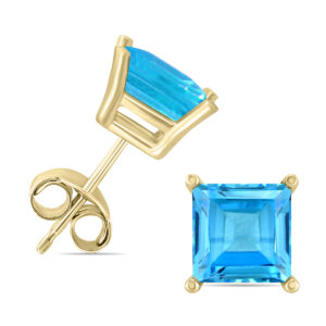 14K Yellow Gold 5MM Square Blue Topaz Earrings- GER59033BT