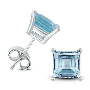 14K White Gold 6MM Square Aquamarine Earrings- GER59034AQ