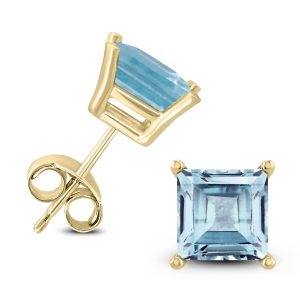 14K Yellow Gold 6MM Square Aquamarine Earrings- GER59035AQ