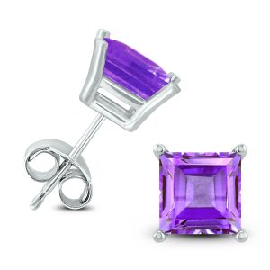 14K White Gold 7MM Square Amethyst Earrings- GER59036AM
