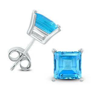 14K White Gold 7MM Square Blue Topaz Earrings- GER59036BT