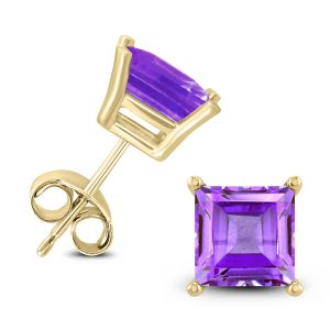 14K Yellow Gold 7MM Square Amethyst Earrings- GER59037AM