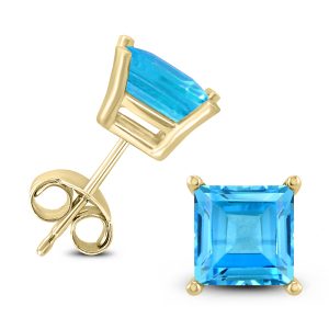 14K Yellow Gold 7MM Square Blue Topaz Earrings- GER59037BT
