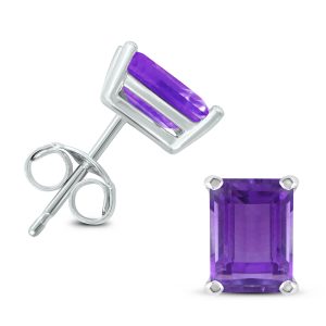 14K White Gold 6x4MM Emerald Shaped Amethyst Earrings- GER59057AM