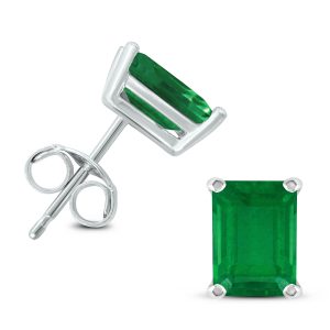 14K White Gold 6x4MM Emerald Shaped Emerald Earrings- GER59057EM