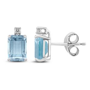 14K White Gold 5x3MM Emerald Shaped Aquamarine and Diamond Earrings- GER59063AQ