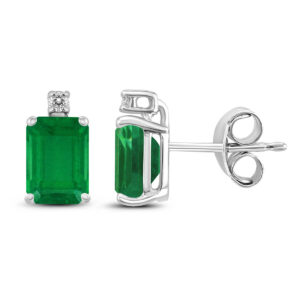 14K White Gold 5x3MM Emerald Shaped Emerald and Diamond Earrings- GER59063EM