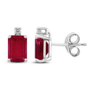 14K White Gold 5x3MM Emerald Shaped Ruby and Diamond Earrings- GER59063RB