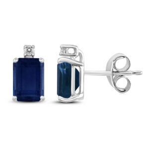 14K White Gold 5x3MM Emerald Shaped Sapphire and Diamond Earrings- GER59063SP