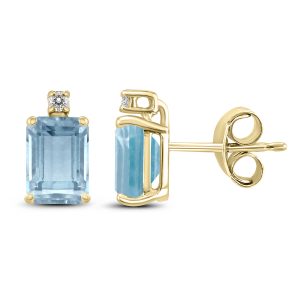 14K Yellow Gold 5x3MM Emerald Shaped Aquamarine and Diamond Earrings- GER59064AQ