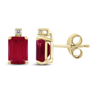 14K Yellow Gold 5x3MM Emerald Shaped Ruby and Diamond Earrings- GER59064RB
