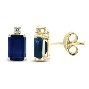 14K Yellow Gold 5x3MM Emerald Shaped Sapphire and Diamond Earrings- GER59064SP