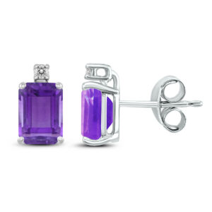 14K White Gold 6x4MM Emerald Shaped Amethyst and Diamond Earrings- GER59065AM