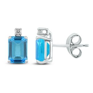 14K White Gold 6x4MM Emerald Shaped Blue Topaz and Diamond Earrings- GER59065BT