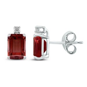14K White Gold 6x4MM Emerald Shaped Garnet and Diamond Earrings- GER59065GT