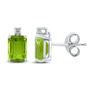 14K White Gold 6x4MM Emerald Shaped Peridot and Diamond Earrings- GER59065PD