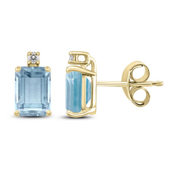 14K Yellow Gold 6x4MM Emerald Shaped Aquamarine and Diamond Earrings- GER59066AQ