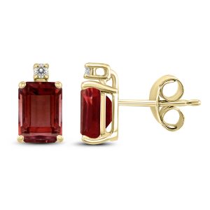 14K Yellow Gold 6x4MM Emerald Shaped Garnet and Diamond Earrings- GER59066GT