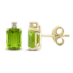 14K Yellow Gold 6x4MM Emerald Shaped Peridot and Diamond Earrings- GER59066PD