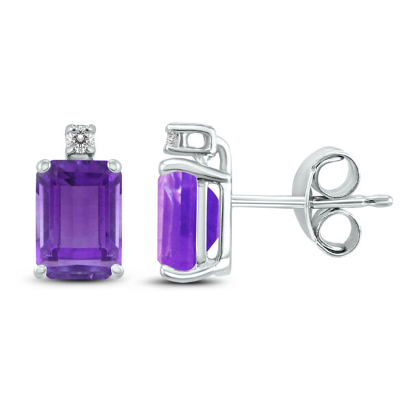 14K White Gold 8x6MM Emerald Shaped Amethyst and Diamond Earrings- GER59069AM