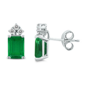 14K White Gold 5x3MM Emerald Shaped Emerald and Three Stone Diamond Earrings- GER59071EM