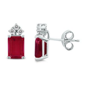 14K White Gold 5x3MM Emerald Shaped Ruby and Three Stone Diamond Earrings- GER59071RB