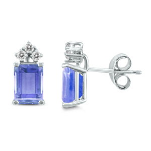 14K White Gold 5x3MM Emerald Shaped Tanzanite and Three Stone Diamond Earrings- GER59071TZ
