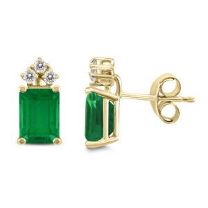 14K Yellow Gold 5x3MM Emerald Shaped Emerald and Three Stone Diamond Earrings- GER59072EM