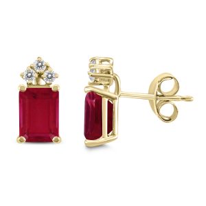 14K Yellow Gold 5x3MM Emerald Shaped Ruby and Three Stone Diamond Earrings- GER59072RB