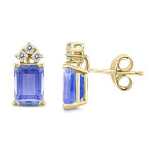 14K Yellow Gold 5x3MM Emerald Shaped Tanzanite and Three Stone Diamond Earrings- GER59072TZ