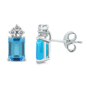 14K White Gold 8x6MM Emerald Shaped Blue Topaz and Three Stone Diamond Earrings- GER59077BT