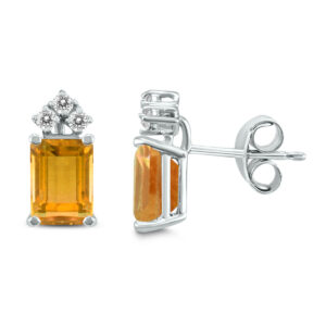 14K White Gold 8x6MM Emerald Shaped Citrine and Three Stone Diamond Earrings- GER59077CT