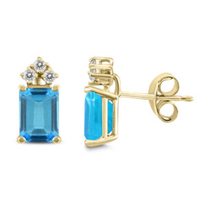 14K Yellow Gold 8x6MM Emerald Shaped Blue Topaz and Three Stone Diamond Earrings- GER59078BT